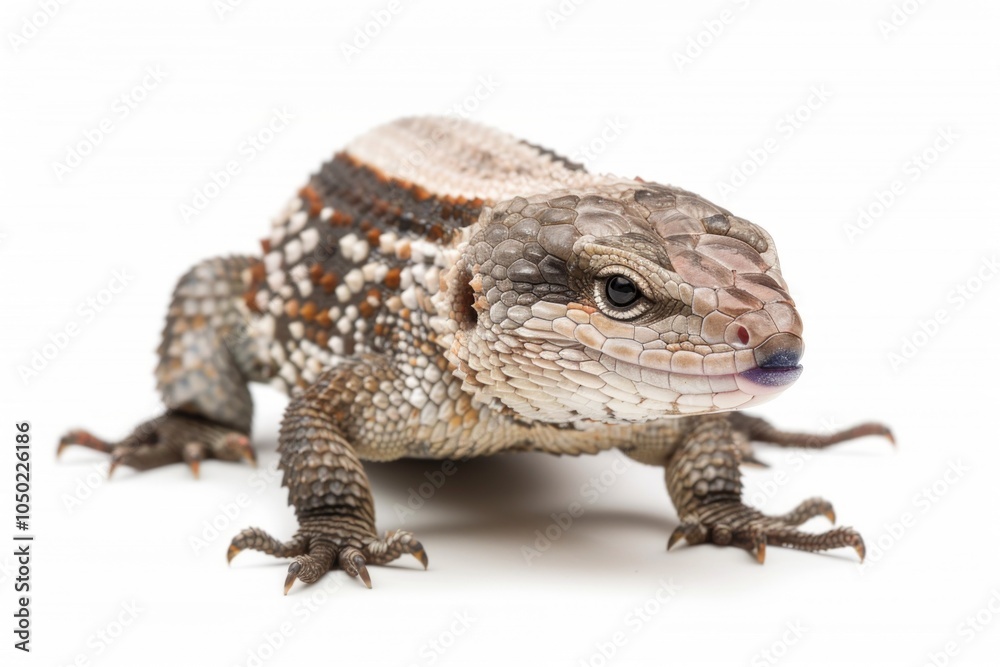 Blue tongued Skink is seen moving forward revealing its striking blue tongue with a textured body. The bright setting highlights its intricate patterns and colors. Blue tongued Skink is seen moving forward revealing its striking blue tongue with a textured body. The bright setting highlights its intricate patterns and colors.