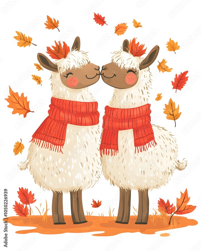 Obraz premium Cute Llamas in Love with Fall Leaves and Scarves