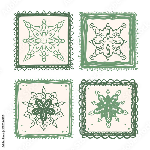 Set of vintage tiles with retro ornament.Vector hand drawn flat collection illustration isolated on white background.