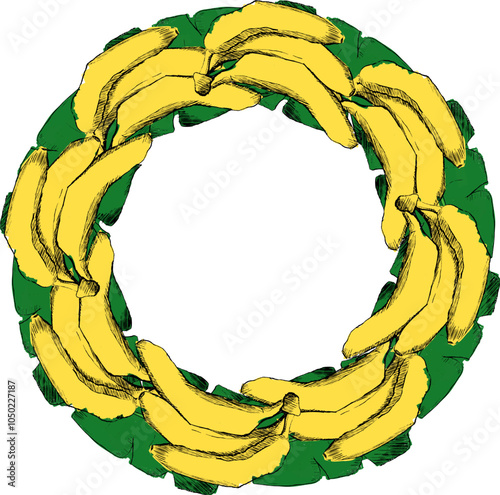 Tropical Fruits circle round frame vector template. Graphic hand drawn bananas on leaves. Vector illustration. Label Package template. Design element