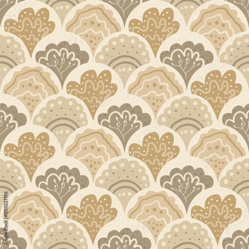 Seashell scallop seamless pattern. Baby theme gender neutral beach endless background. Marine life repeat ornament. Vector hand drawn illustration.