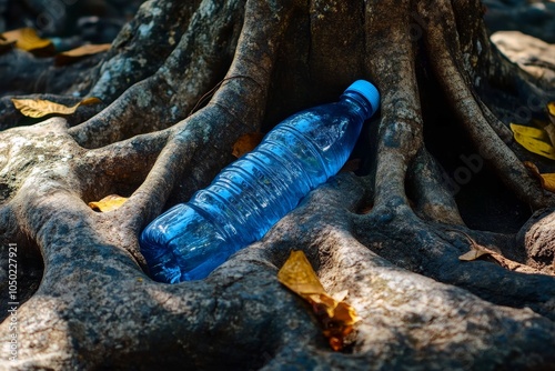 Plastic bottle embedded in tree roots symbolizing pollutions grip on nature. photo