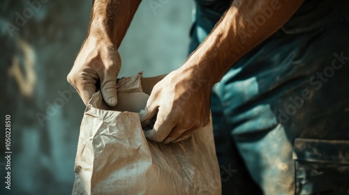 A low-angle view of someone opening the cement bag for use, with the background softly blurred for context.