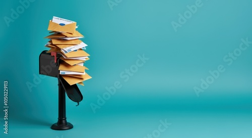 Overflowing mailbox with numerous envelopes on teal background