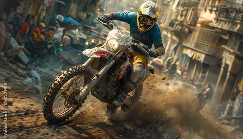 A motocross rider speeds through a crowded city street, kicking up dust and dirt.
