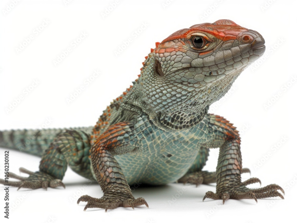 vibrant Caiman Lizard showcases its distinctive red head and green body while perched quietly on a white surface emphasizing its unique features and textures. vibrant Caiman Lizard showcases its distinctive red head and green body while perched quietly on a white surface emphasizing its unique features and textures.