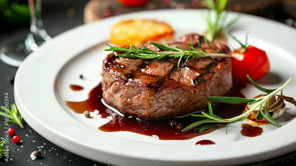 A perfectly cooked steak with rosemary, a tomato, and a sauce. A perfectly cooked steak with rosemary, a tomato, and a sauce.