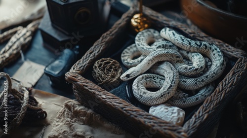 A close-up shot of the snake bite kit's contents, capturing the details and arrangement, with the surrounding area softly blurred.