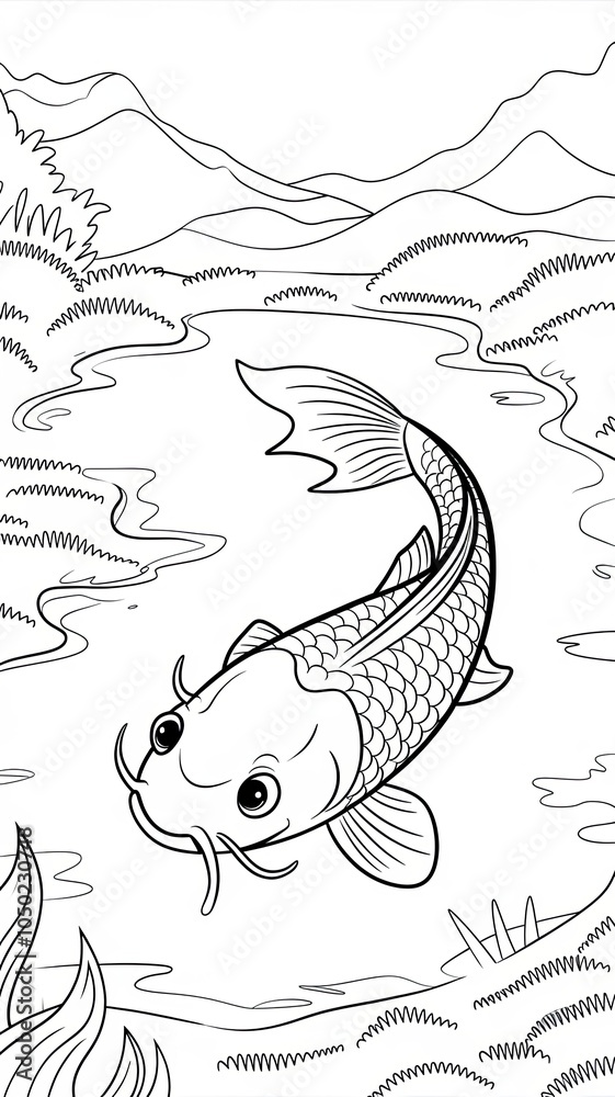 Fototapeta premium Cute Koi Fish Swimming Cartoon Vector illustration coloring book Generativew AI 