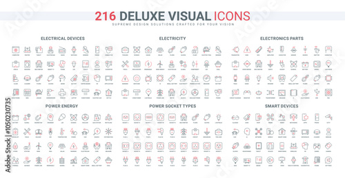 Modern smart home equipment and automation, international types of sockets and plugs, electricity line icon set. Parts of electrical circuit thin black and red outline symbols vector illustration