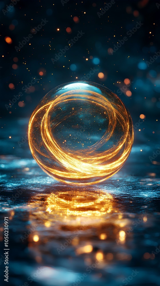 Glowing Orb with Golden and Teal Light Trails in a Mystical Setting Glowing Orb with Golden and Teal Light Trails in a Mystical Setting
