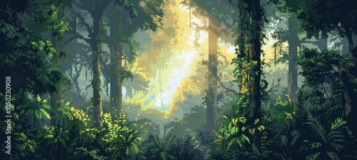 Pixelated Tropical Rainforest Scene with Lush Foliage and Sunlit Canopy for Eco Tourism Designs photo