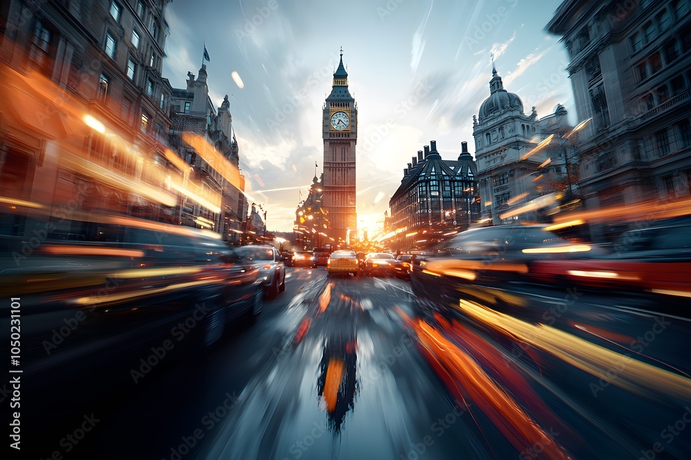 Obraz premium Urban Sunset with Motion Blur in City Landscape