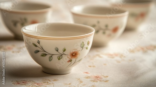 Macro shot of fine porcelain tea cups with delicate floral patterns, placed on an elegant tablecloth, highlighting craftsmanship and design. photo