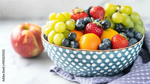 A blue and white polka dot bowl filled with fresh fruit.