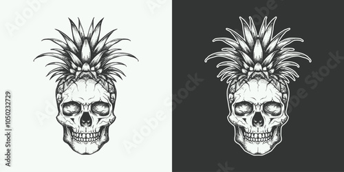 Vintage retro jand drawn engraving illustration of engraving skull with pineapple head decoration plant photo