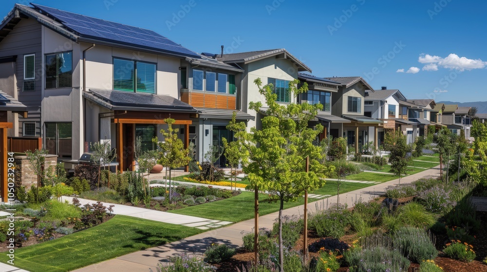 Eco-Friendly Community with Solar-Powered Homes and Sustainable Landscaping Design Eco-Friendly Community with Solar-Powered Homes and Sustainable Landscaping Design