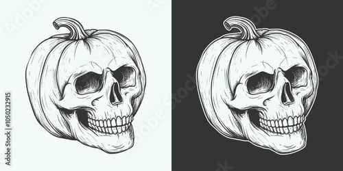 Vintage retro jand drawn engraving illustration of pumpking halloween skull head illustration photo