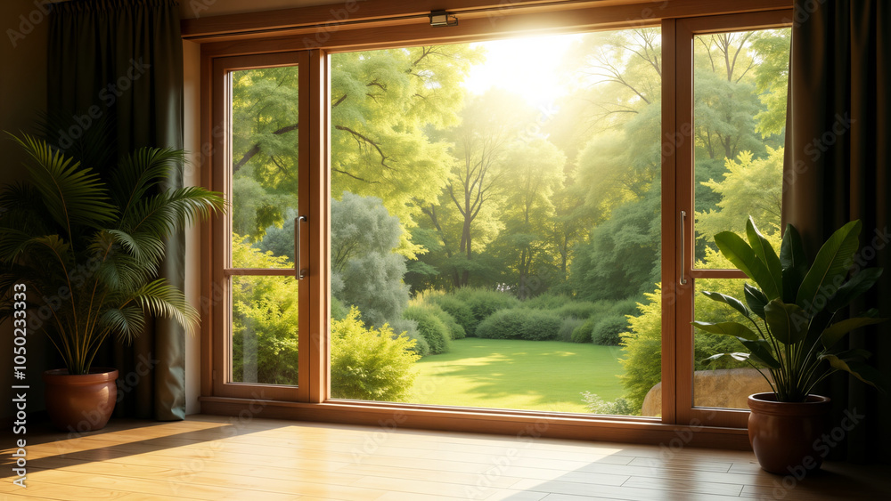 Fototapeta premium A Cozy Big Window Overlooking a Tranquil Garden Filled with Natural Light and Beauty