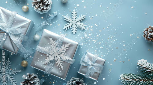 Christmas silver gift boxes on blue background for New year festival.