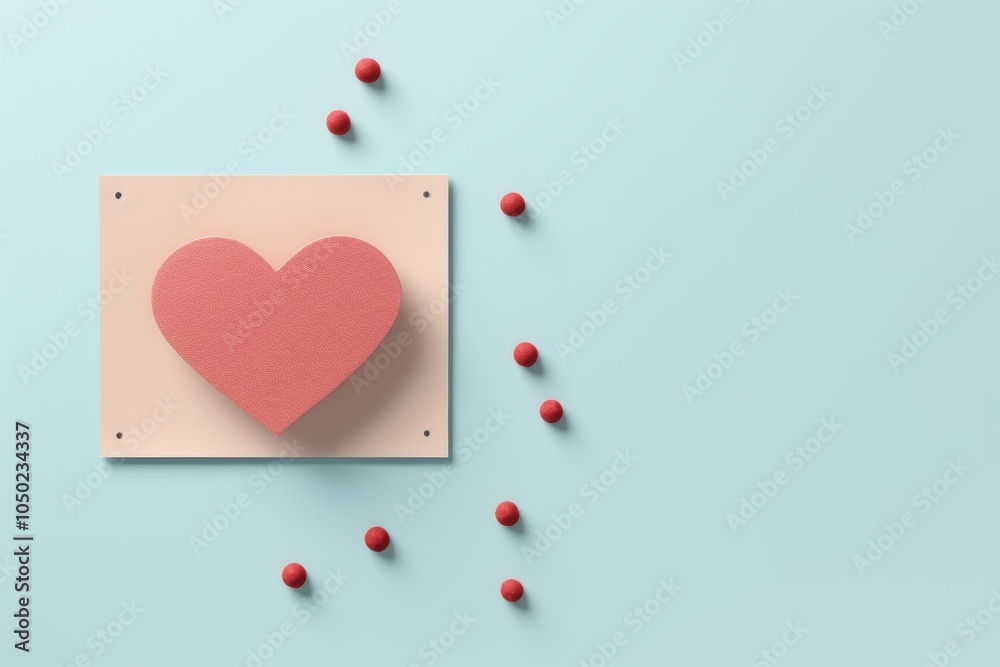 Fototapeta premium Charming red heart on soft pink card with delightful pale blue dots for a touch of elegance