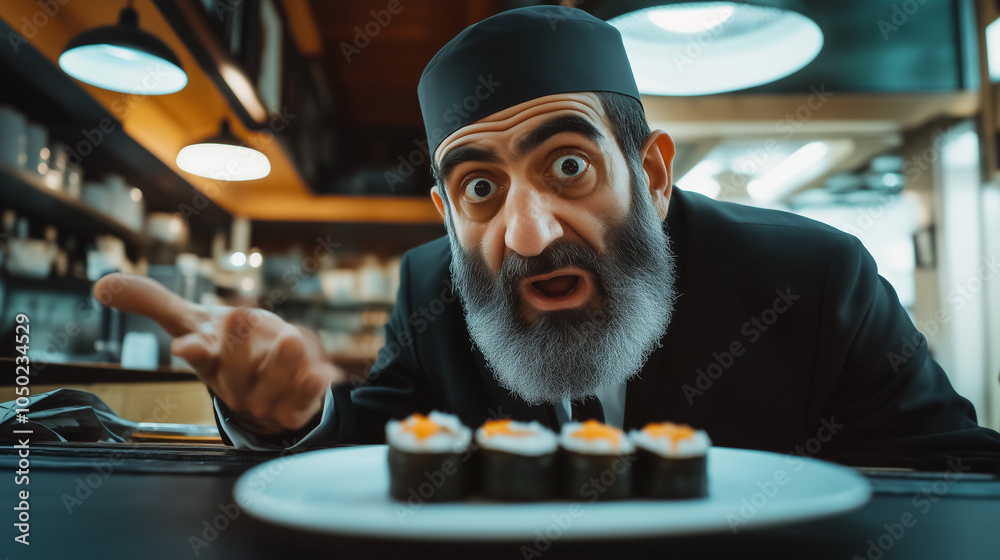 An Orthodox Jew in traditional black clothing, the man looks in surprise at the sushi set in front of him An Orthodox Jew in traditional black clothing, the man looks in surprise at the sushi set in front of him