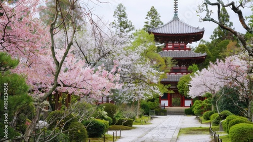 A captivating view of the traditional pagodas and lush gardens of Kyoto with cherry blossoms in full bloom and serene pathways, garden setting with soft pinks and lush greens, Kyoto style photo