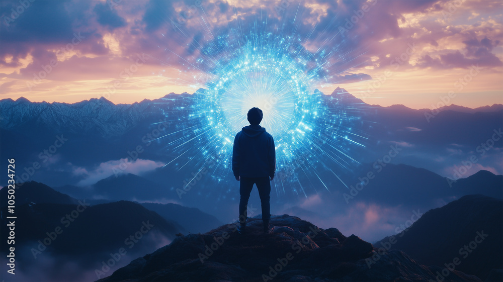 Fototapeta premium 宇宙の門と山頂に立つ人