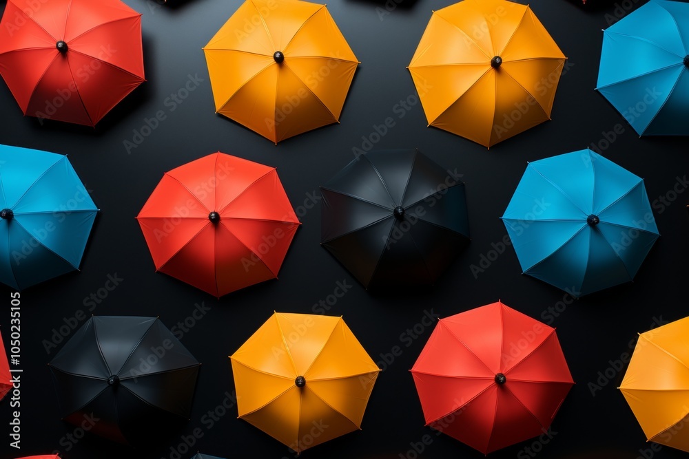 Vibrant display of colorful umbrellas against a dramatic black background highlighting their beauty Vibrant display of colorful umbrellas against a dramatic black background highlighting their beauty