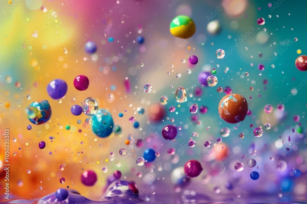 Colorful balls and water droplets frozen in mid air against a vibrant, abstract background Colorful balls and water droplets frozen in mid air against a vibrant, abstract background