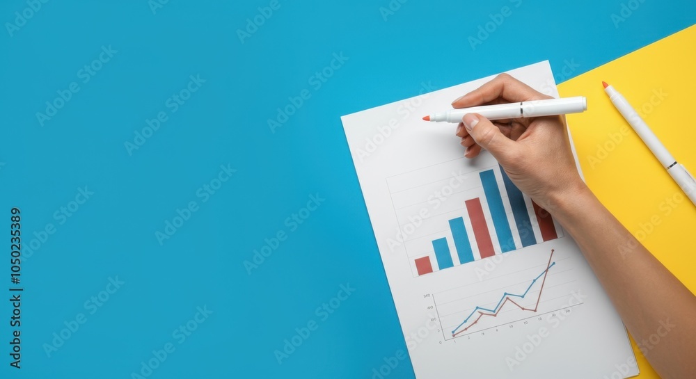 Female hand holding pen over charts on vibrant background Female hand holding pen over charts on vibrant background