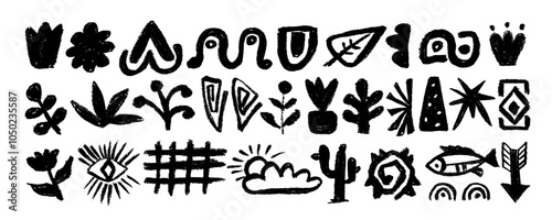 Tribal pattern. African silhouette print. Ethnic border. Ancient tribe. Aztec and Mayan graphic. Mexican shapes. Mexico or Peru decorations. Inca texture. Navajo elements. Vector tidy ornaments set