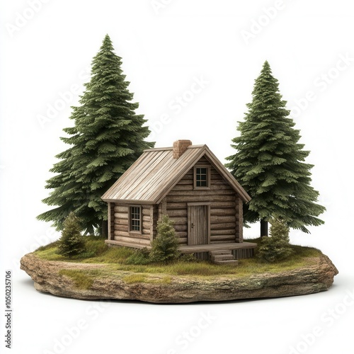 Model log cabin surrounded by evergreen trees on a textured base. photo