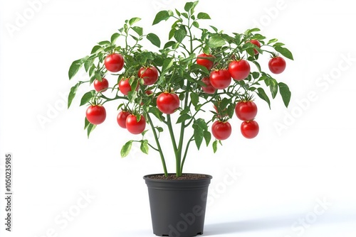 Tomato plant with ripe red fruits in a black pot, white isolate background.
