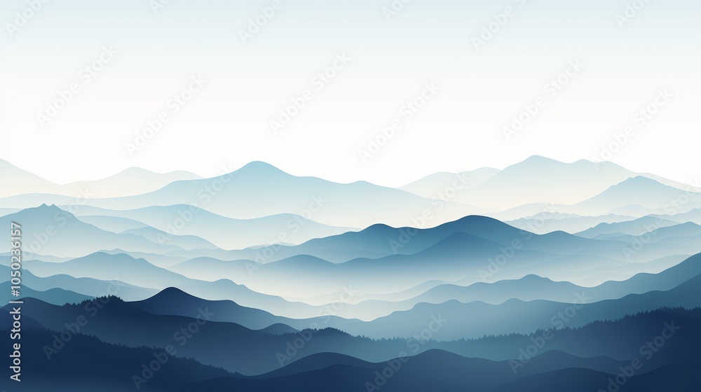 Obraz premium Silhouetted mountains emerging from fog with minimal detail in dark and light blue palette