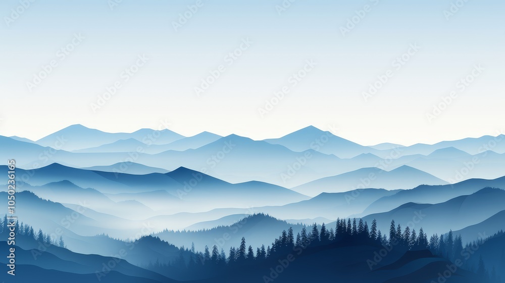 Obraz premium Silhouetted mountains emerging from gray fog with a light blue sky and white clouds above