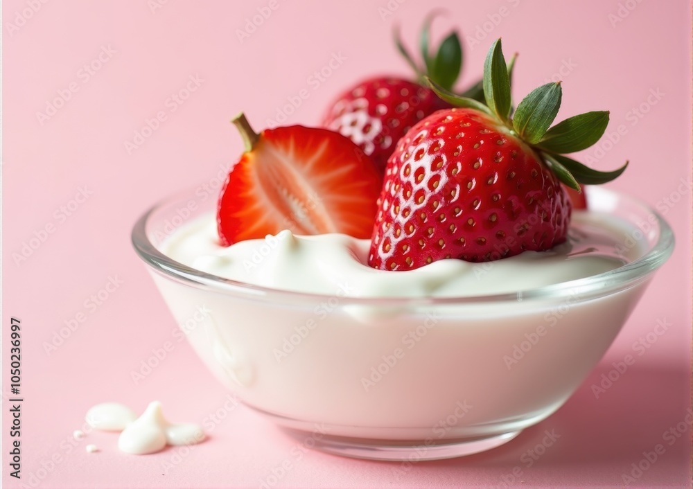 strawberry close-up in a glass saucer yogurt sour cream strawberry close-up in a glass saucer yogurt sour cream