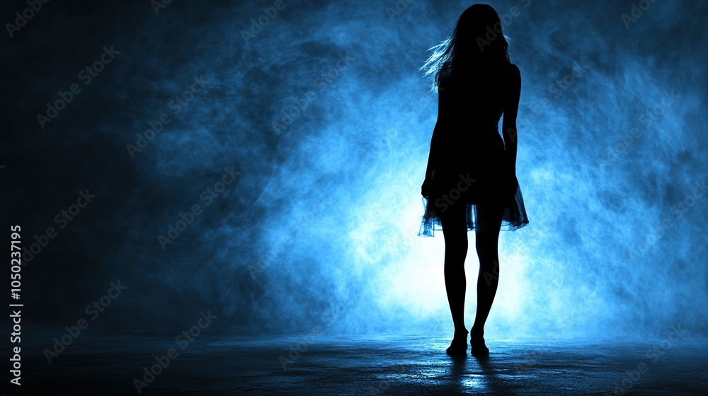 silhouette of depress woman standing in the dark with light shine behind silhouette of depress woman standing in the dark with light shine behind