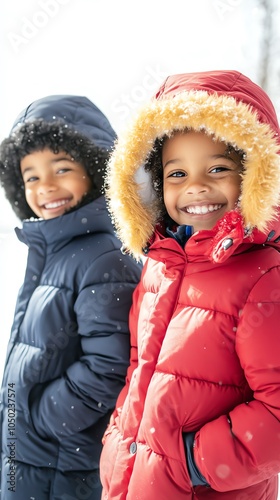 Children bundled up in winter coats, playing in the snow, joyful winter fun photo