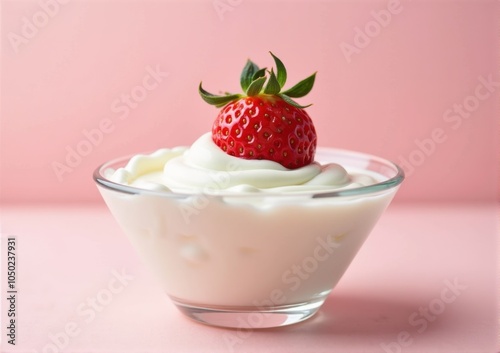 strawberry close-up in a glass saucer yogurt sour cream