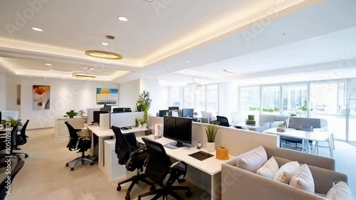 A modern office space showcasing an open layout, bright lighting, and greenery, emphasizing productivity and collaboration.
