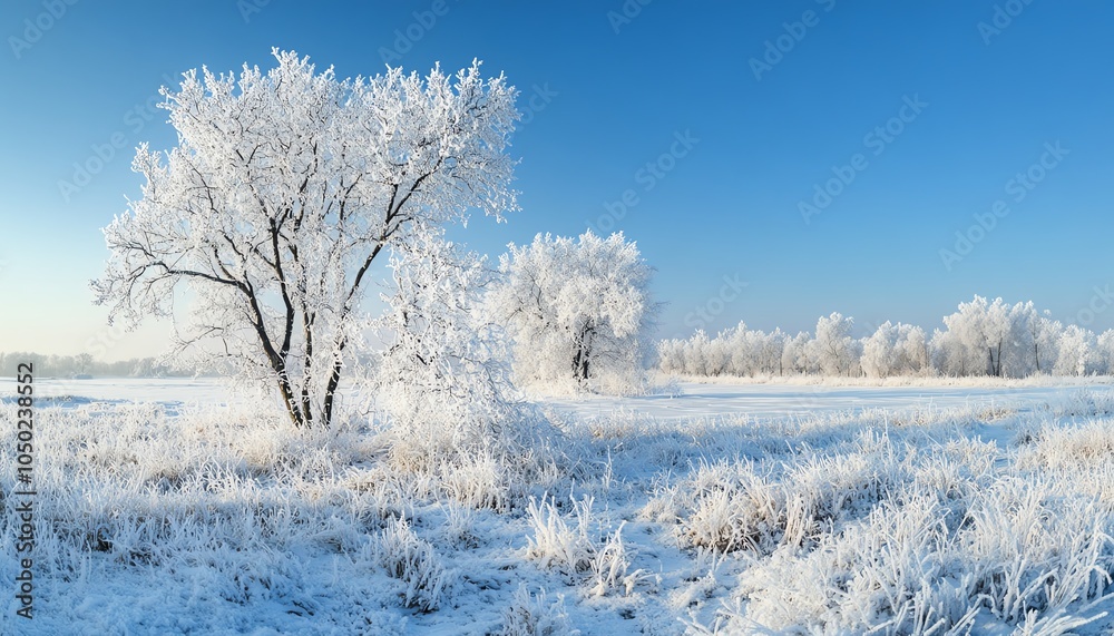 Frosty tree branches glittering under the winter sun, peaceful and serene Frosty tree branches glittering under the winter sun, peaceful and serene