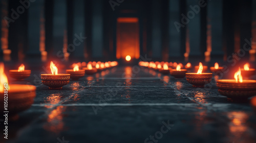 image captures serene scene of glowing oil lamps arranged in temple, creating warm and inviting atmosphere. flickering flames reflect on stone floor, enhancing spiritual ambiance photo