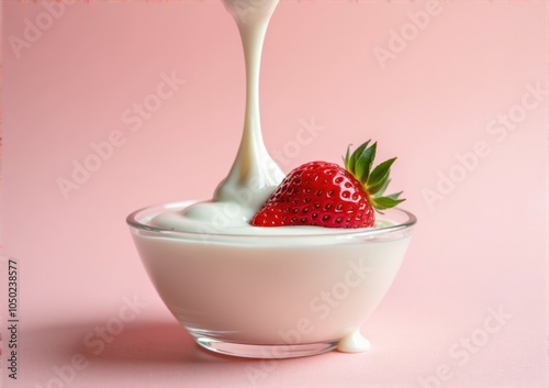 strawberry close-up in a glass saucer yogurt sour cream