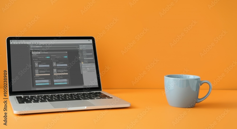 Fototapeta premium Open laptop with software on screen beside blue cup orange background
