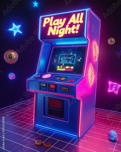 Lively 90s arcade poster showcasing an arcade machine on a checkered floor, glowing neon lights, and a grid background with vaporwave colors like electric blue and hot pink