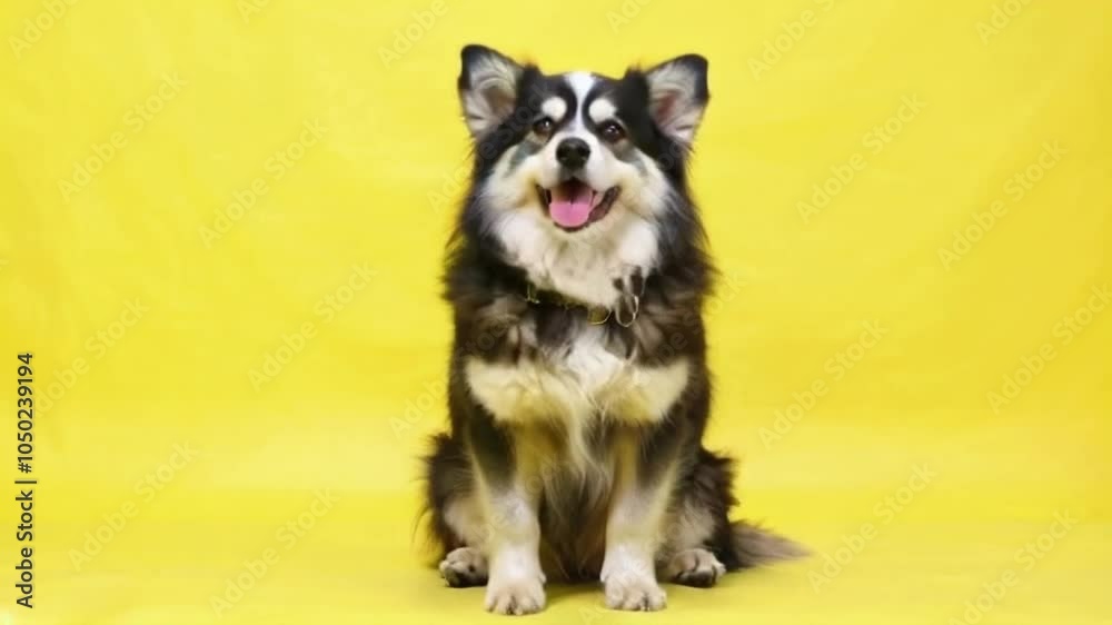 A cheerful dog sits against a vibrant yellow backdrop, exuding joy and playfulness in a well-composed close-up shot. A cheerful dog sits against a vibrant yellow backdrop, exuding joy and playfulness in a well-composed close-up shot.