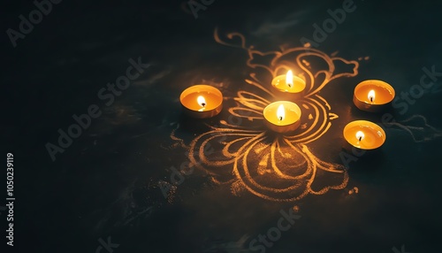 Intricate rangoli designs lit by candles, vibrant colors and festive glow photo