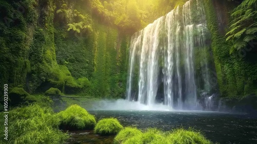 Majestic Waterfall in Lush Green Forest of New Zealand’s Natural Beauty