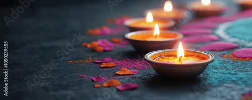 beautiful close up of traditional oil lamps surrounded by colorful Rangoli designs, creating warm and festive atmosphere. vibrant colors and flickering flames evoke sense of celebration and joy photo